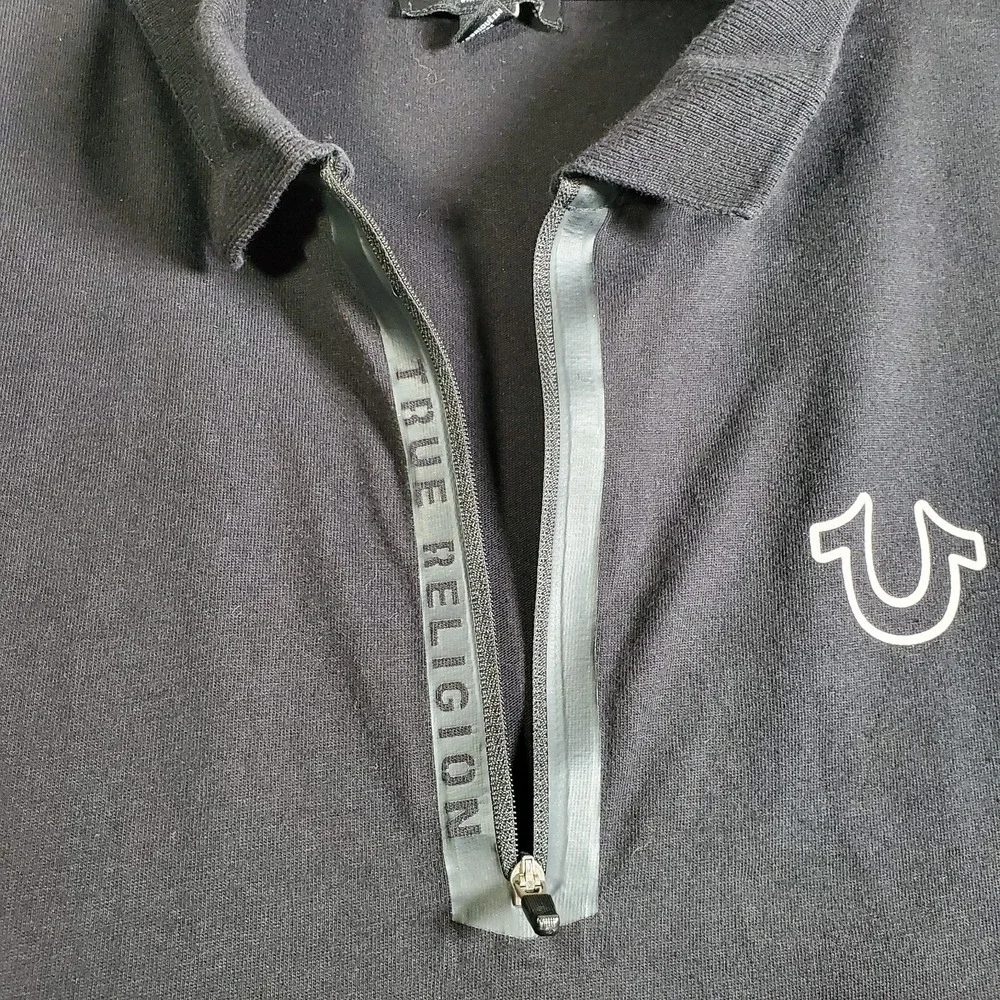 True Religion Polo Shirt Mens L Black Tape Logo 1/4 Zip Short Sleeve Casual Prep